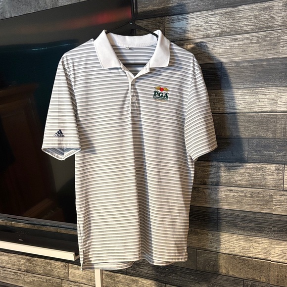 Adidas Gray and White Striped Polo with PGA Logo - Picture 1 of 3